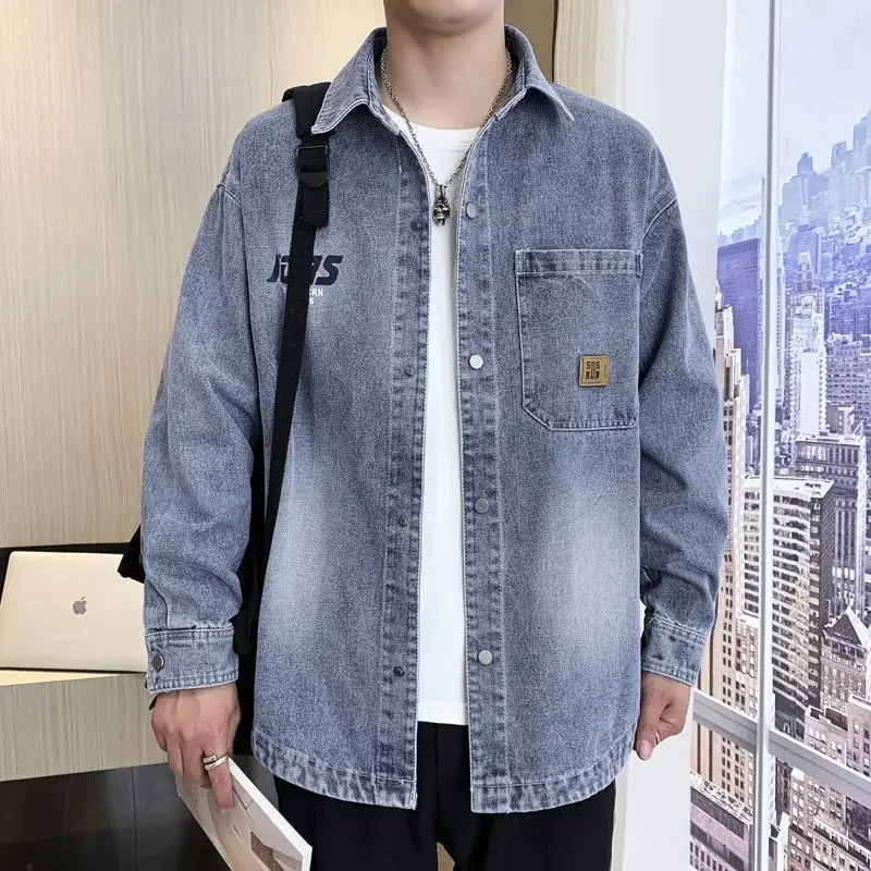 

Jeans Coat for Men Wide Sleeves Denim Jackets Man Blue Long Cargo Shirt One Piece Big Size Loose Korea Korean Popular Clothes G