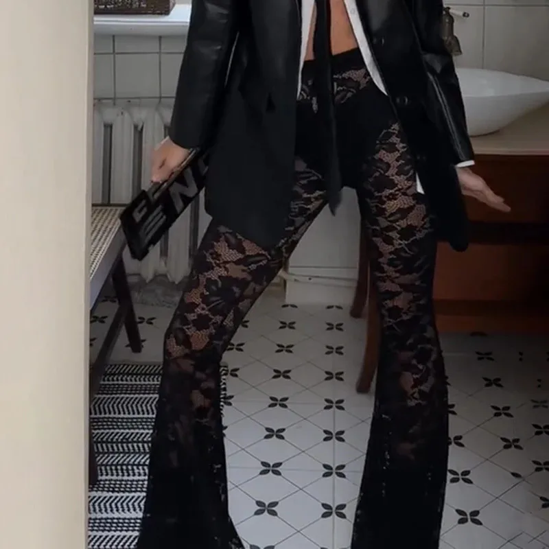 Y2K Black See Through Women Flare Pants Fashion Clubwear Sexy Lady Slim Fit Boot Cut Trousers Vintage Gothic Chic Outfits