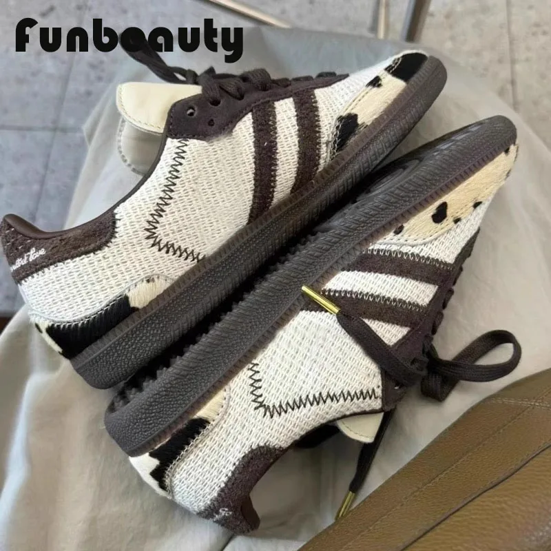 Cow Patterned Genuine Leather Sneakers Forrest Training Versatile Mesh Breathable Flat Casual Board Shoes 2024 New