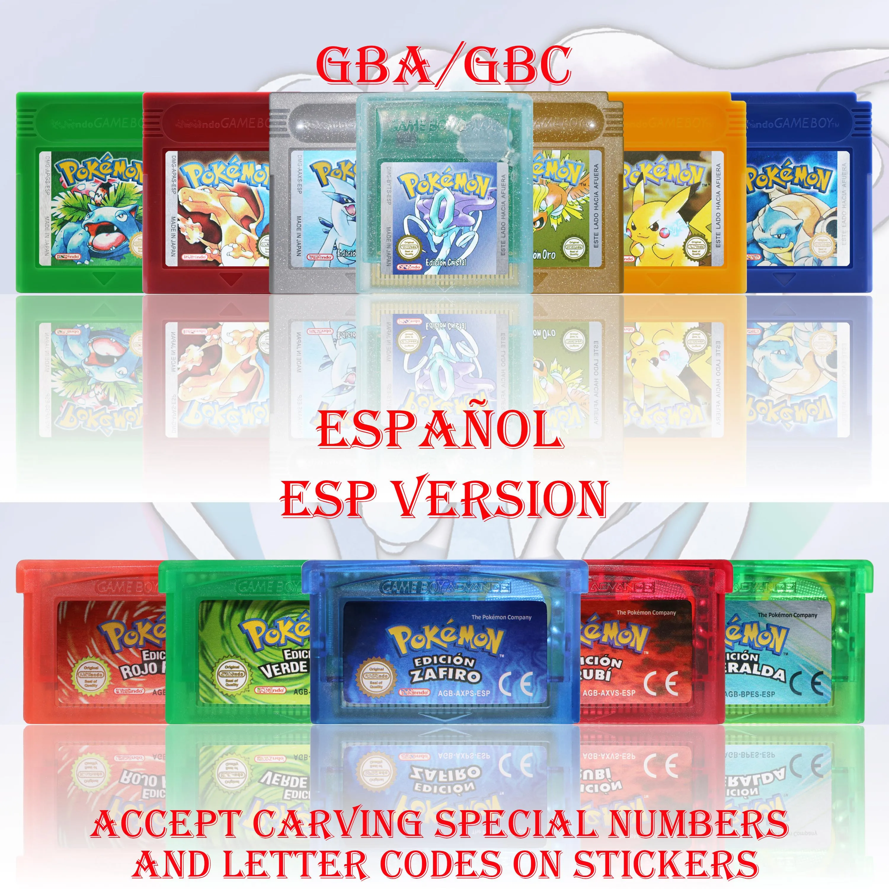 Versión GBA/GBC ESP, cartucho de juego Pokemon Esmeralda/Rojo Fuego/Plata/Cristal, tarjeta para consola de videojuegos de alta calidad con batería