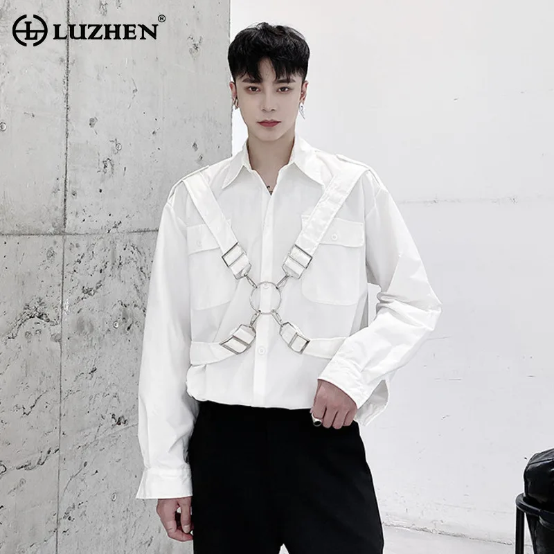

LUZHEN 2026 Spring Original Cross Metal Buckle Ribbon Decorate Long Sleeve Shirts Men's Fashion Elegant Handsome Clothes JY6275