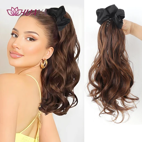 Imagen 1 del producto Clip de garra sintética, cola de caballo de 16 pulgadas de largo ondulado, tipo negro y marrón, extensión de cabello de cola de caballo en capas con accesorios de seda