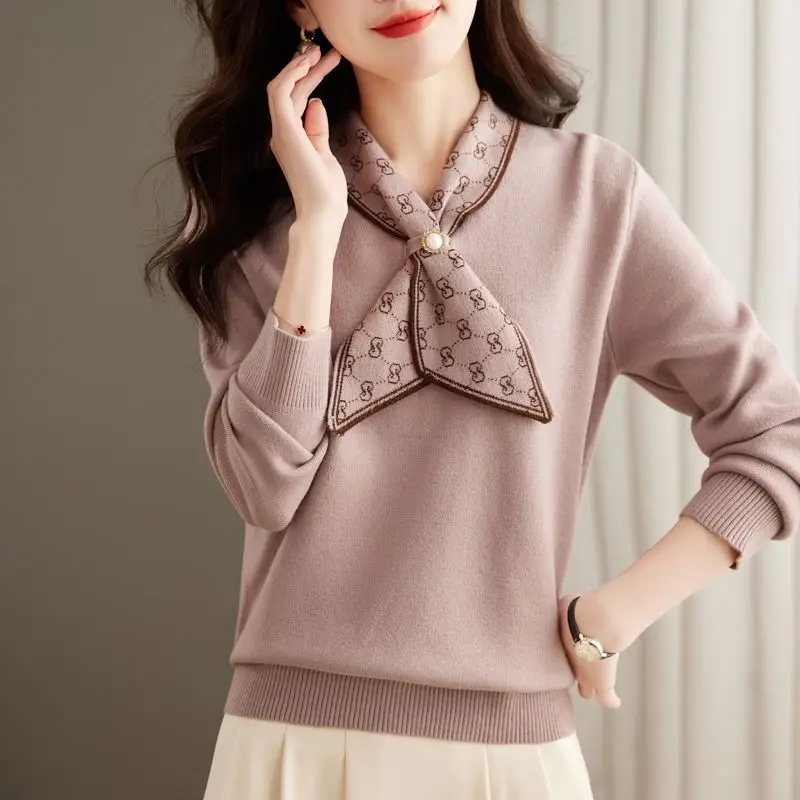 Women Clothing New Autumn Winter Beaded Bow Luxury Design Elegant Knitted Sweater Fashion Long Sleeve Pullover Tops Chic Jumpers