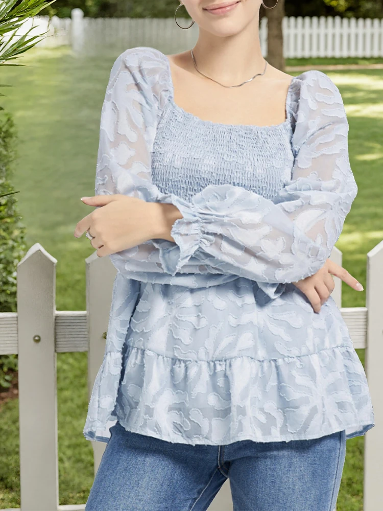 

Blouses Women Square Neck Sheer Blouse Elegant Ruffled Tiered Long Sleeve Cinch Waist Blouse Tips All-match Holiday Clothes