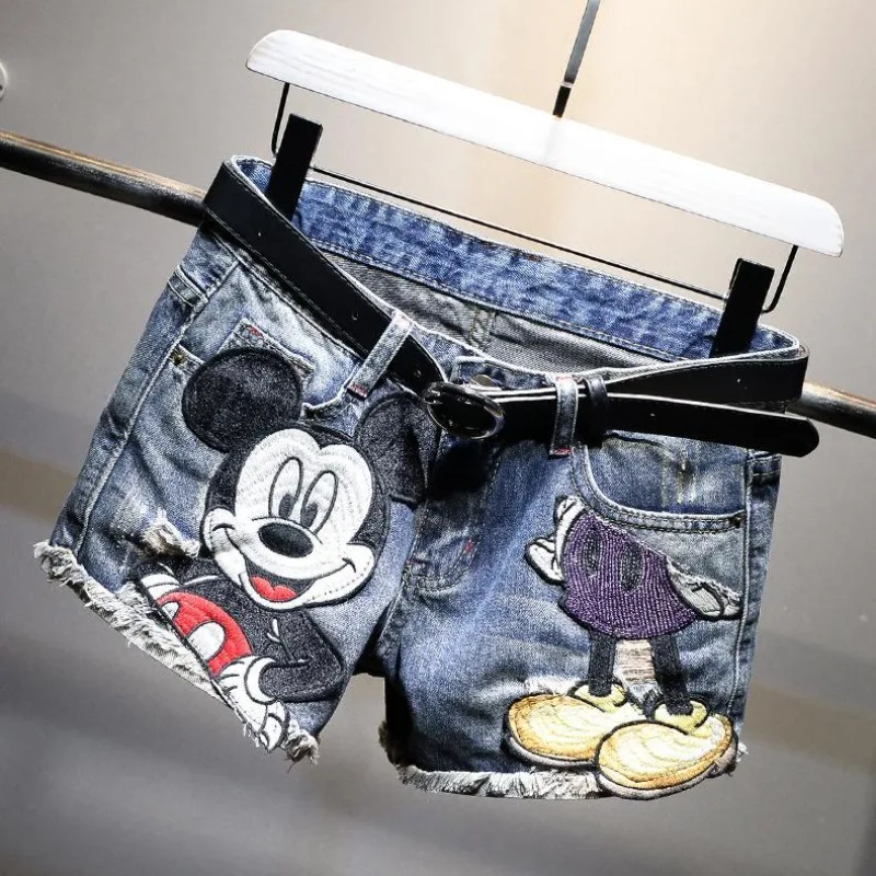 New Mickey Mouse Cartoon Animation Denim Shorts Fashion Trend Personality Y2K Loose Hole Embroidered High Waisted Wide Leg Pants