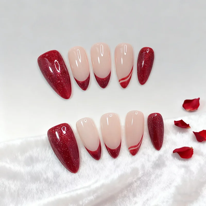 

10 шт., винно-красный пресс для ногтей ручной работы, удивительные французские накладные ногти, блестящий клей, многоразовый клей, пикантная девушка, маникюр, искусство