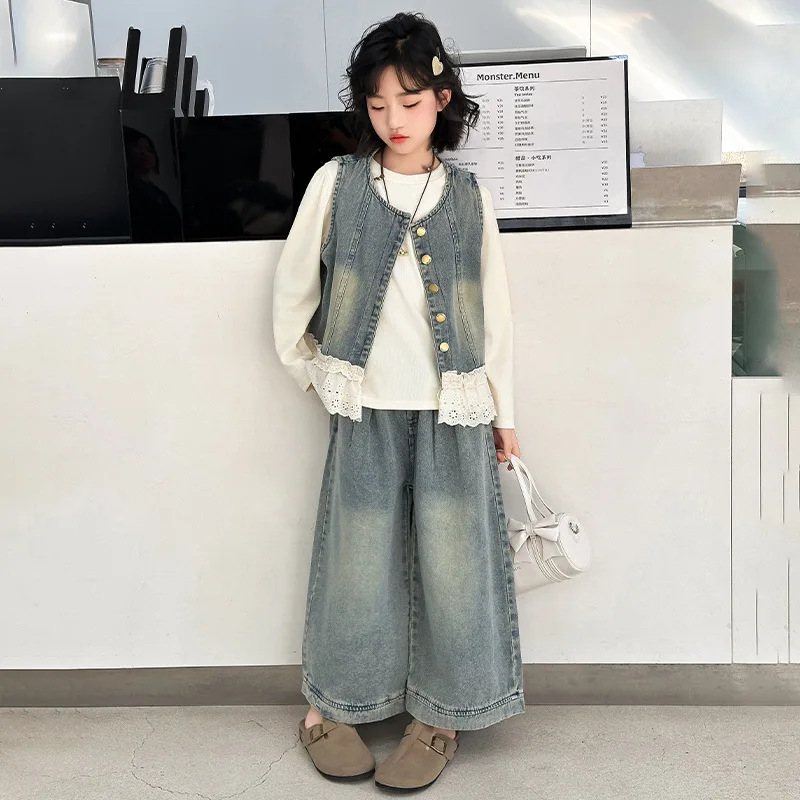 Girls Clothing Set Denim Vest White T-shirt Jeans 3pcs Teen Children Costumes Fashion Loose Daily Casual Kids Outfits 10 12 Year