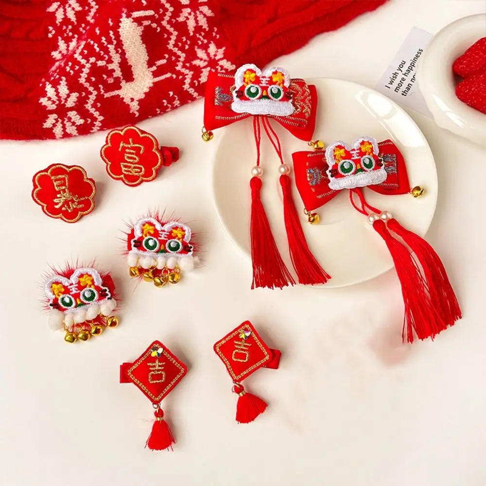 Hair Accessories Children New Year Hairpin Hanfu Headdress Tiger Shape New Year Barrettes Chinese Style Tassel Red Bow Hair Clip