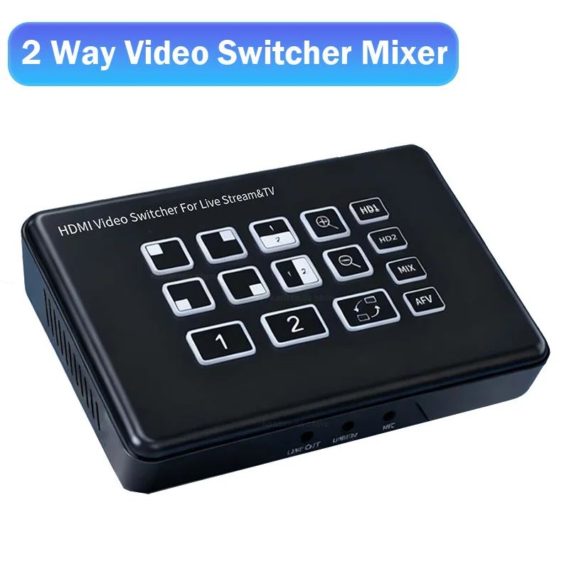 

2 Way HDMI Video Switcher Mixer 2 input 1080P Live Broadcast Streaming USB C Record with Mic Line in Audio Mixing for Camera PC