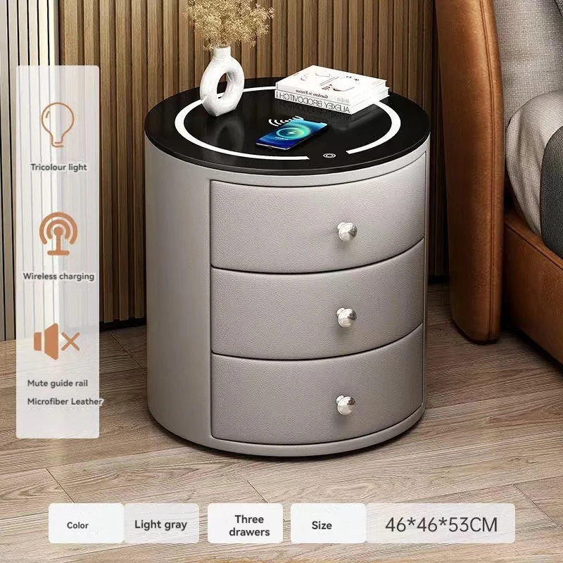 طاولة بجانب السرير فاخرة وذكية مع غلاف جلدي بثلاثة أدراج للتخزين ورف بجانب السرير للشحن اللاسلكي #4