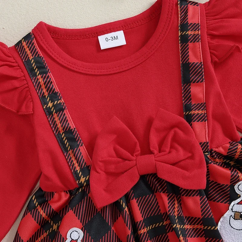 Chrismtas Newborn Baby Girls Rompers Clothes Red Plaid Santa Claus Print Long Sleeve Bowknot Patchwork Jumpsuits Headband image 4