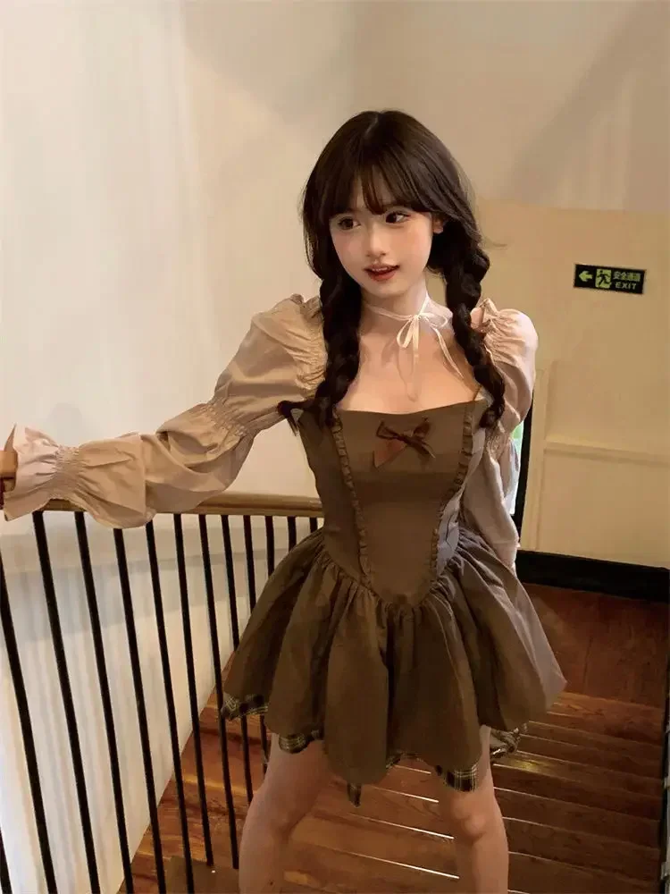 Kawaii Korean Style Brown Mini Lolita Dress Women Cute Fairycore Vintage One Piece Long Sleeve Tunic Evening Dresses