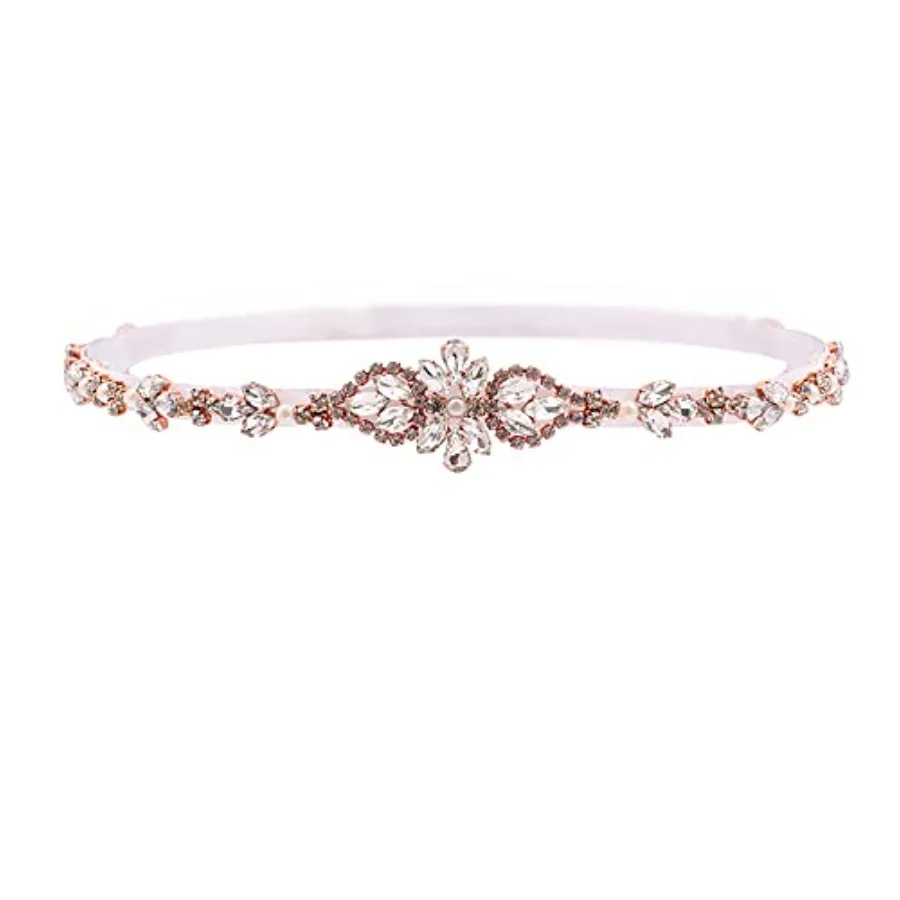 Thin Bridal Belt with Pearls Rhinestones Shiny Crystal Bridesmaid Beads Sash for Wedding Gown