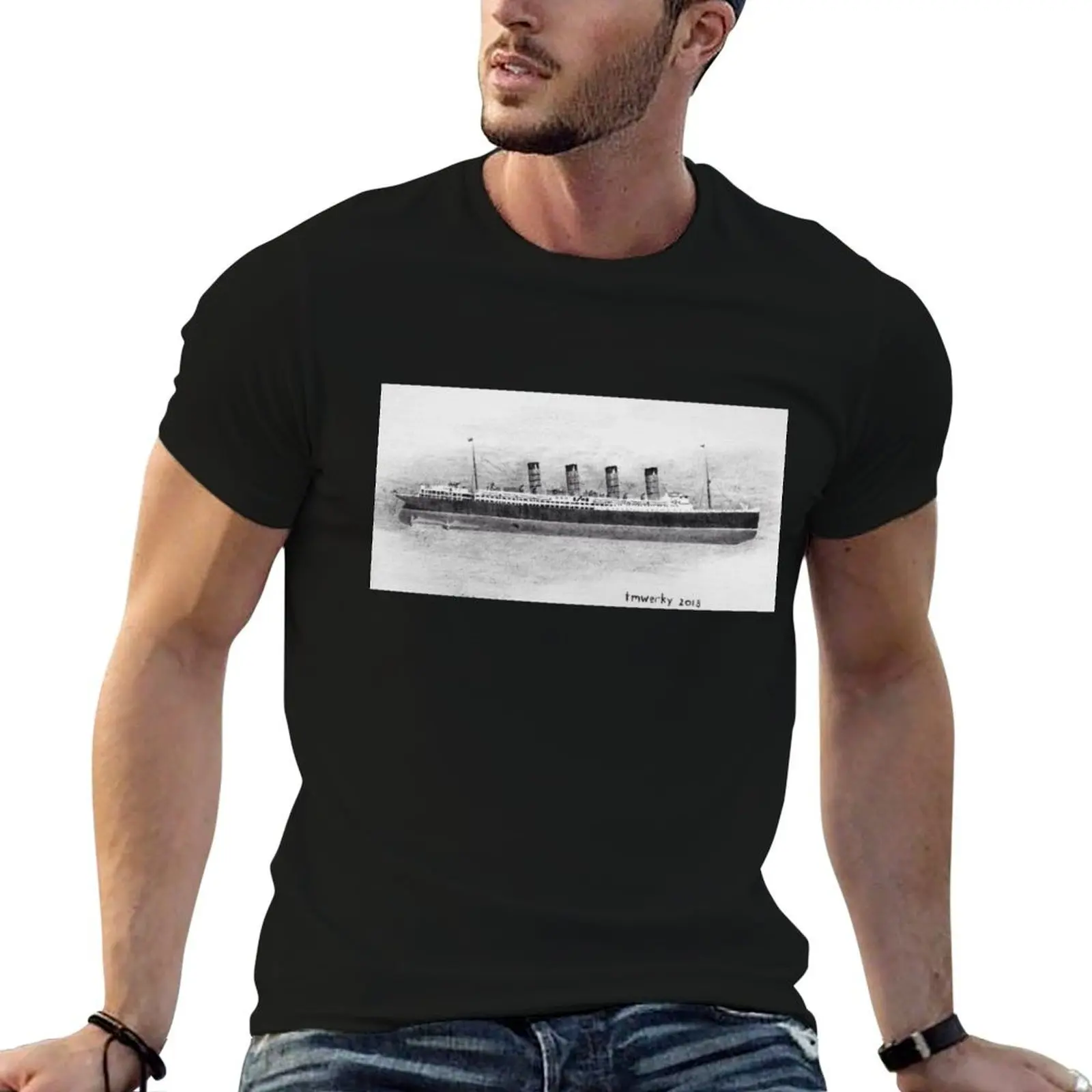 Camiseta con estampado de Lusitania en blanco y negro sobre tela (reproducción), camisetas para hombre, camiseta gráfica vintage de anime