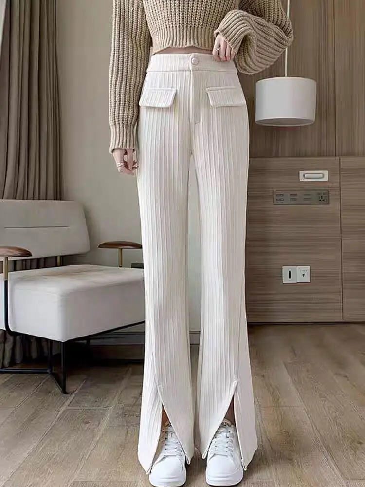 Winter Chenille Warm Flare Pants Split Design High Street Women Lady Office Work Club Elastic Waist Wide Leg Fake Pocket Trouser