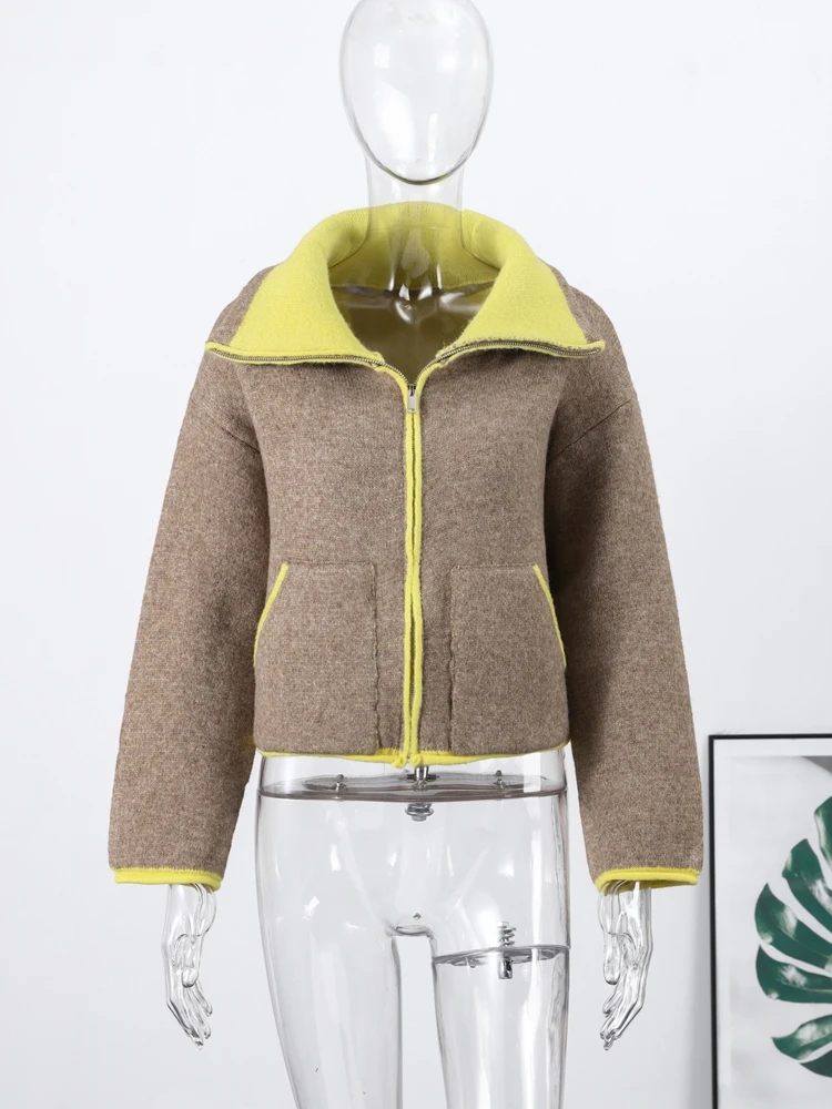 

Весенняя женская контрастная куртка 2026, длинный рукав, воротник-стойка, карманы на молнии, толстый кардиган, модная женская новинка, подходящая верхняя одежда