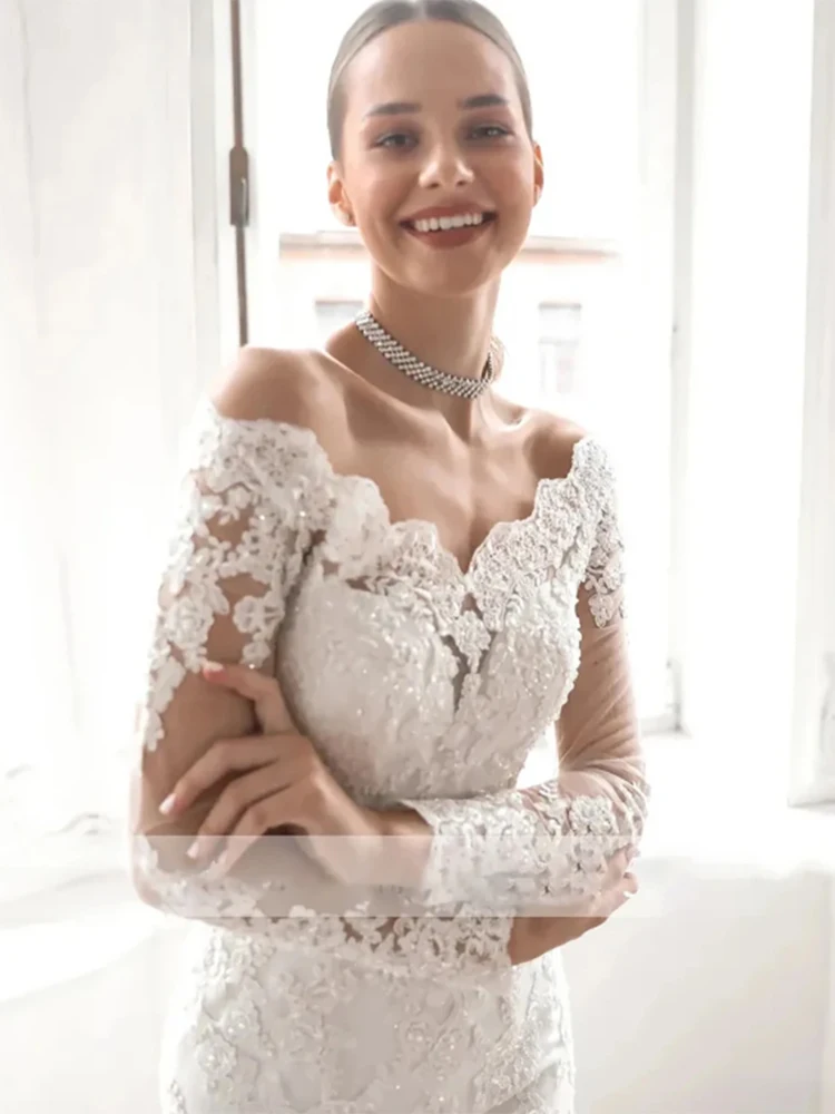 Abiti da sposa in pizzo a sirena con scollo a barca di lusso Appliques con perline abiti da sposa a maniche lunghe con treno staccabile Vestido De Novia