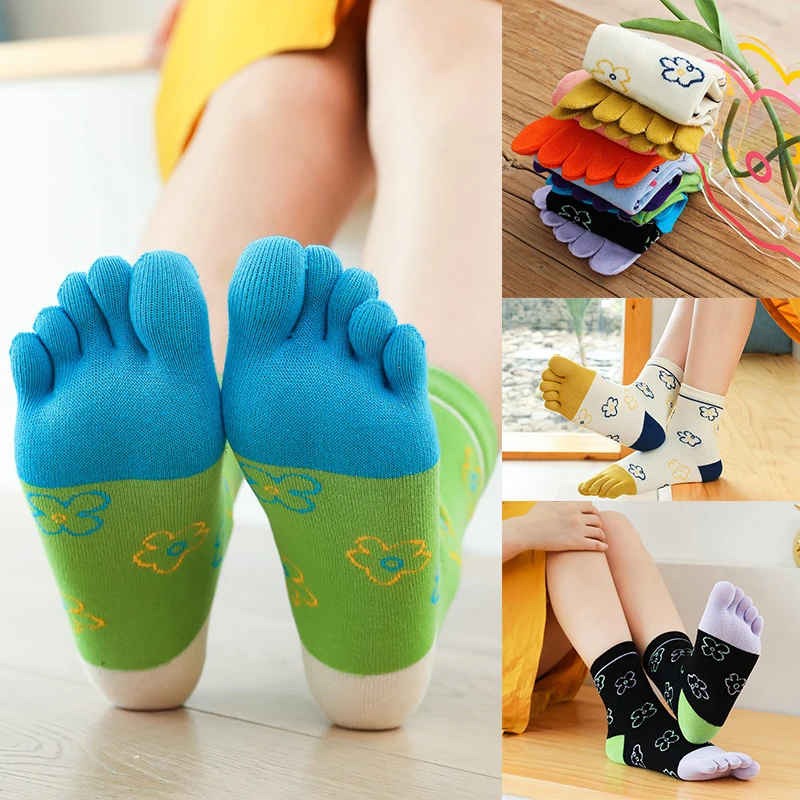 1 Pairs Women Girl Five Finger Socks Colorful Flowers Cotton Wicks Sweat Kawaii Split-Toe Trampoline Socks Harajuku Toe Socks