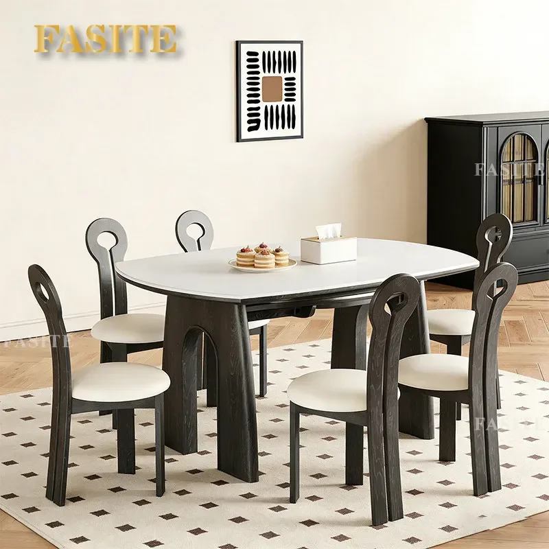 For Small Apartment Solid Wood Retractable Dining Table Modern Rock Slab Folding Square to Round Variable Table and Chair Set
