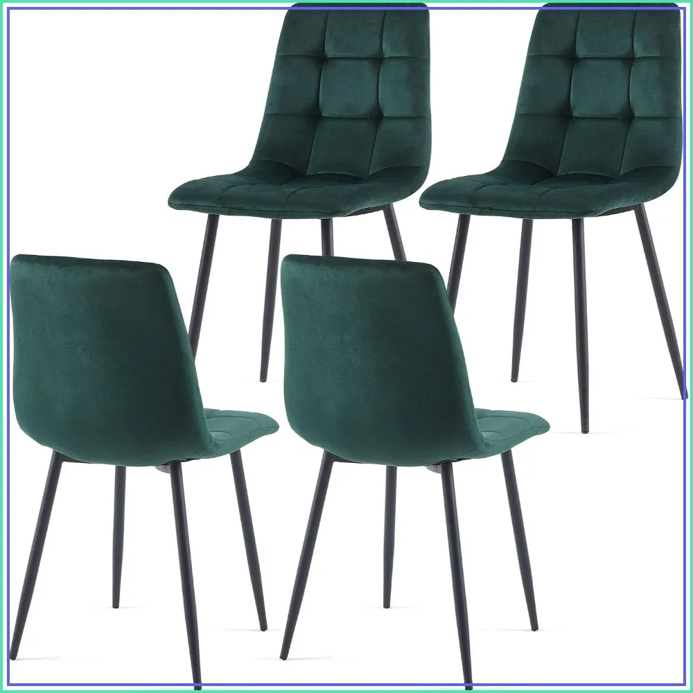 Velvet Dining Chairs Set of 4, Upholstered Tufted Kitchen Chairs with Metal Legs, Forest Green