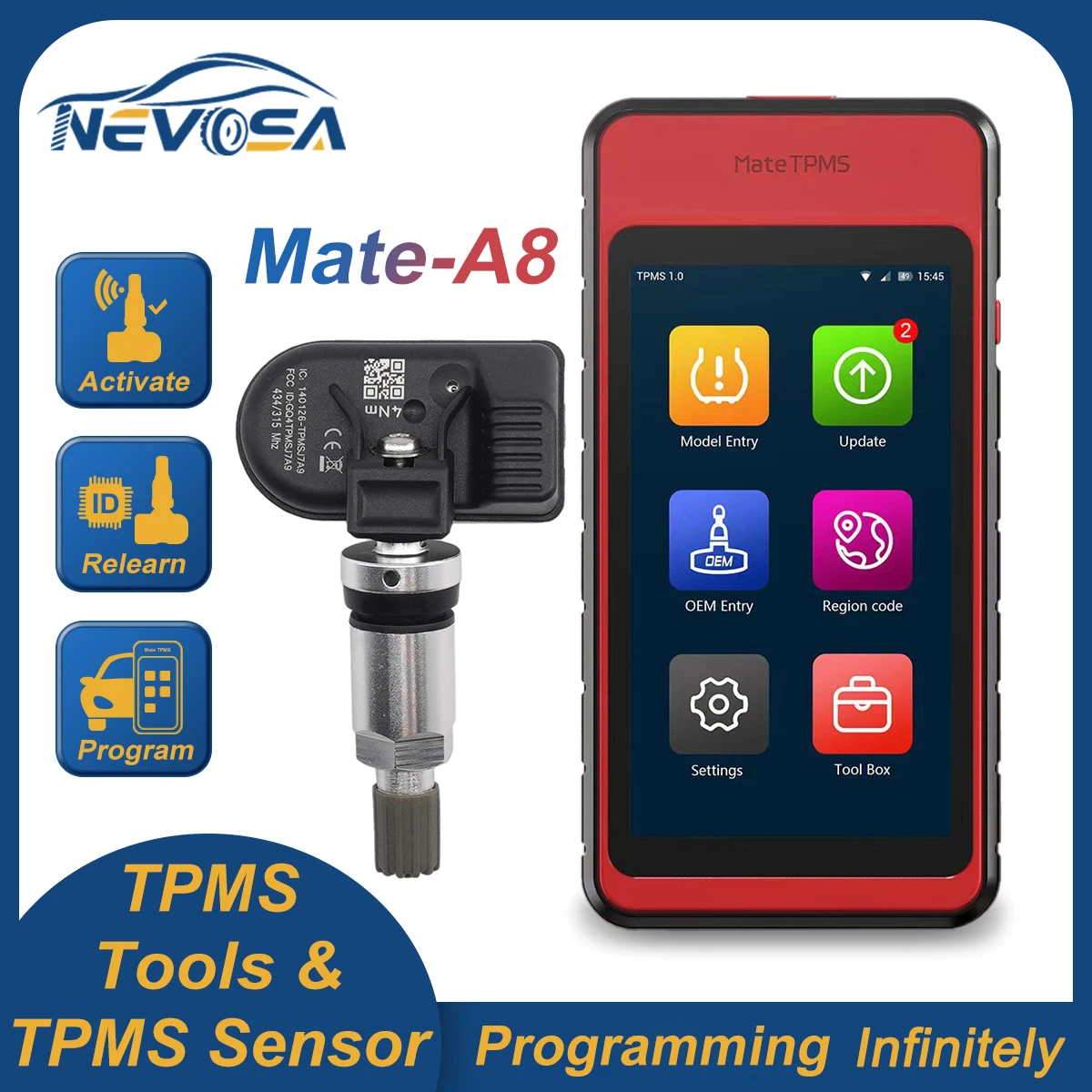 Nevosa TPMS Tire Pressure Sensor Unlimited Times Programable Relearn Activate Tool Infinitely 2 in1 Duel Frequency 315/433MHz