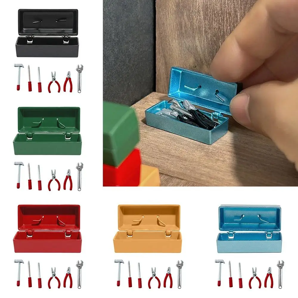 Caixa de ferramentas para casa de bonecas, escala 1:12, multicolorida com caixa de armazenamento, modelo de simulação, alça vermelha, mini ferramentas de reparo