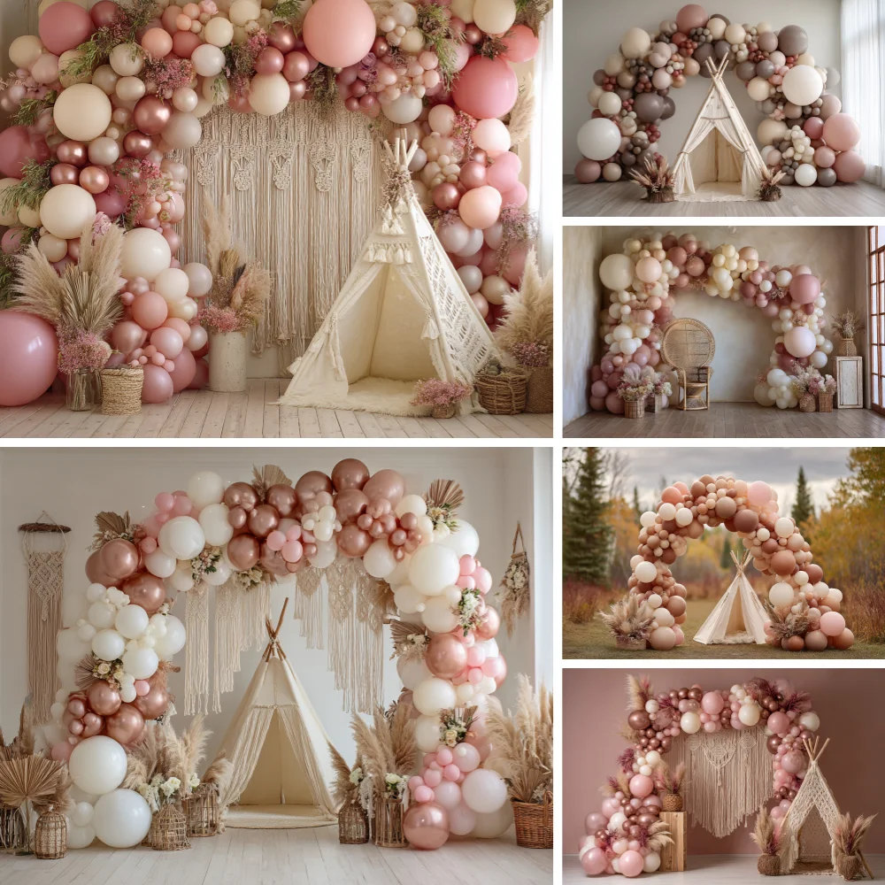 

Bohemian Photography Background Colorful Balloon Tent Decoration Newborn Baby Shower Cake Smash Background Studio Props Banner