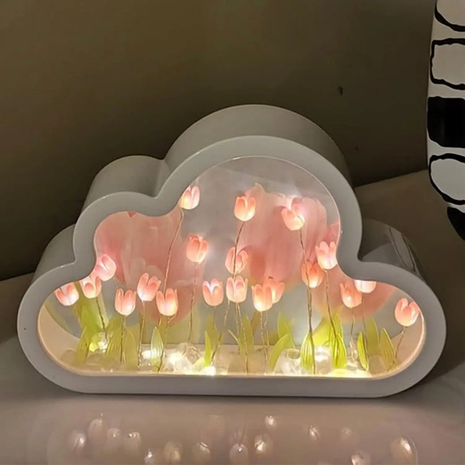 DIY Tulip Night Light Simulation Flower Bedroom Sleeping Table Lamp Home Mirror Decoration Cloud Tulip Mirror Night Light