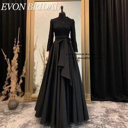 EVON BRIDAL O-Neck Black Evening Dresses Formal A-Line Muslim Style Wedding Occasion Gowns Lace Long Sleeves فساتين الحفلات