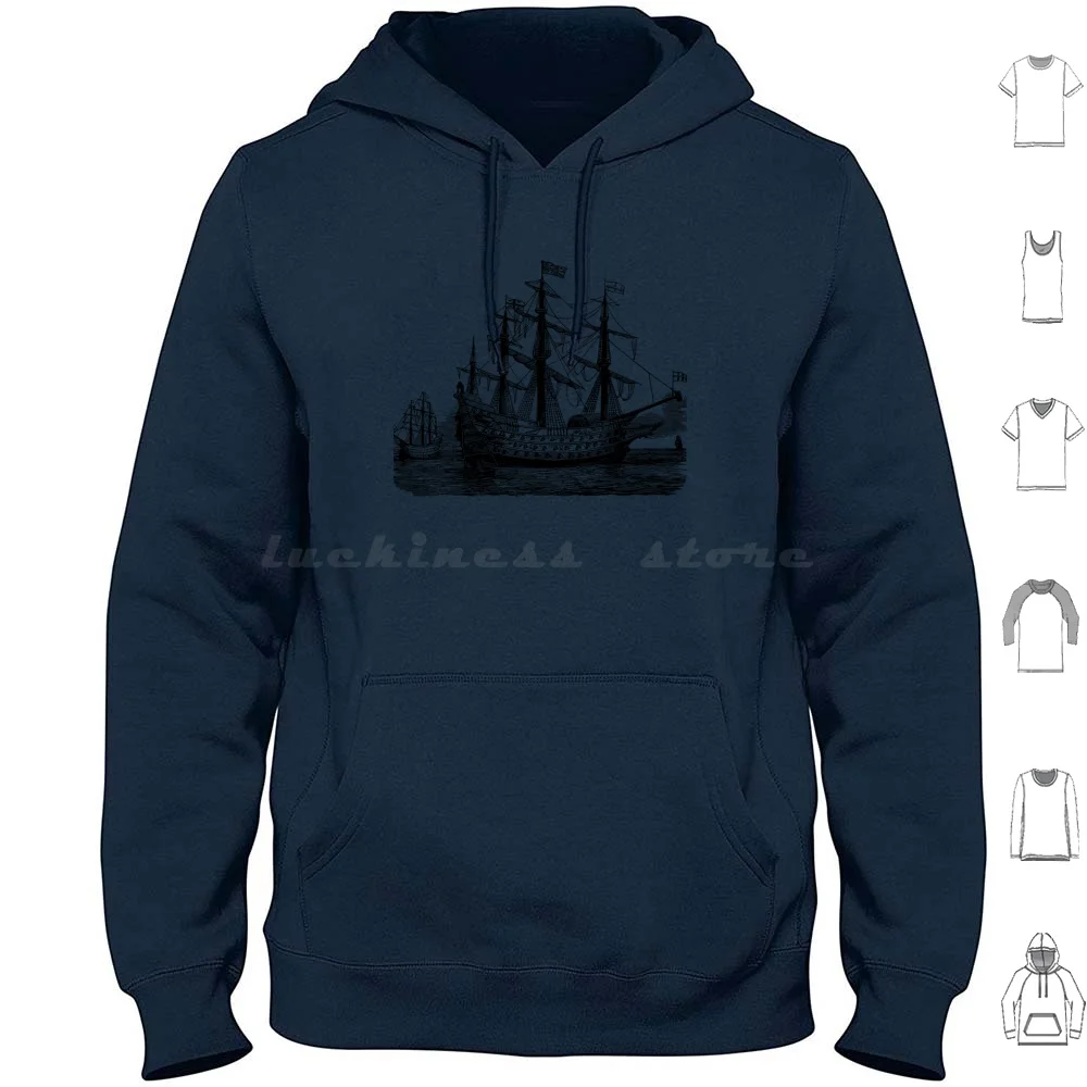 Vintage barcos Sudadera con capucha de algodón de manga larga barcos agua océano pirata vikingo mareas olas barco vela vela cuadrado