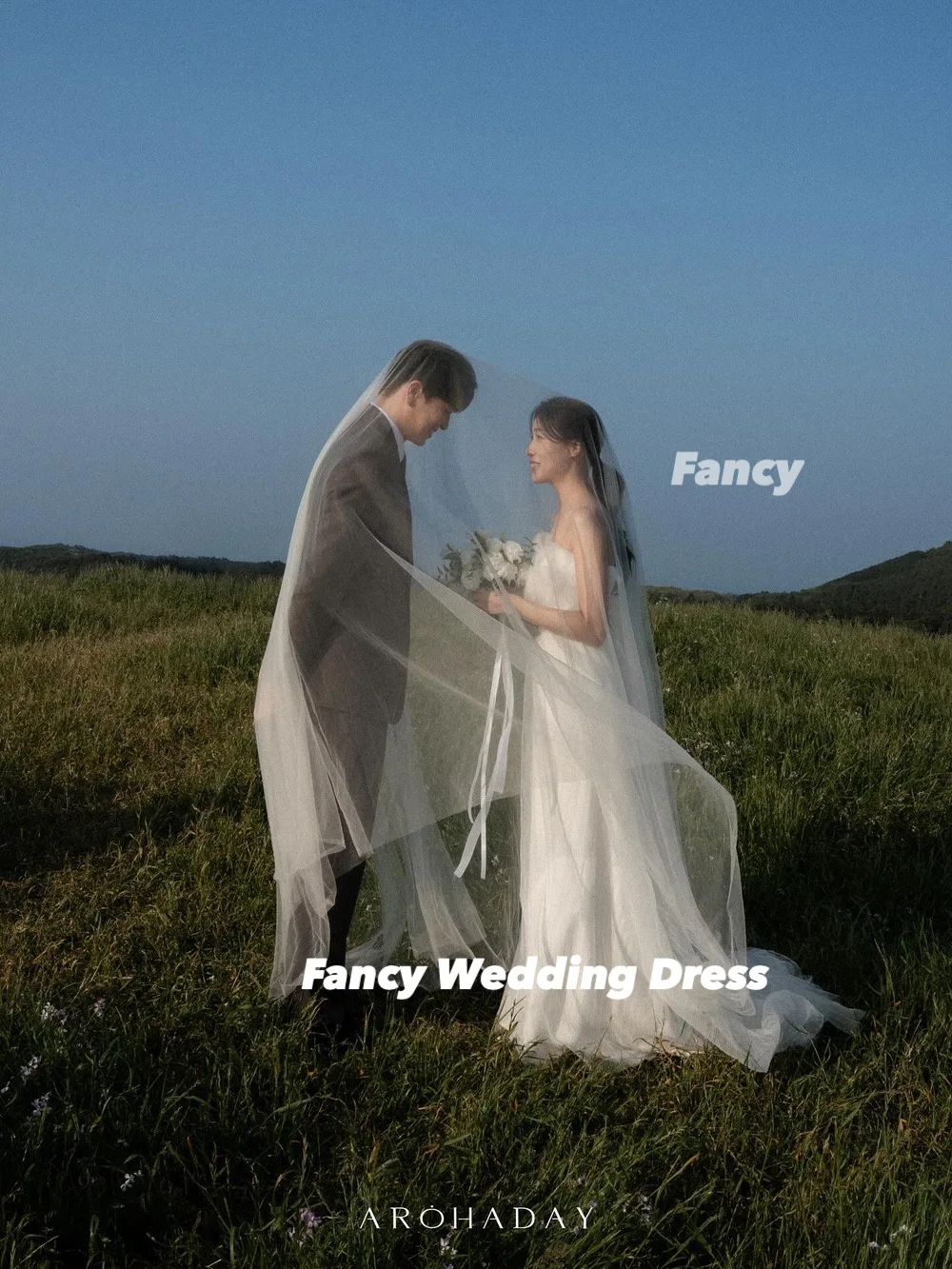 Fantasia princesa sem alças coreia vestido de casamento sessão de fotos uma linha tule macio vestido de noiva até o chão volta espartilho personalizado