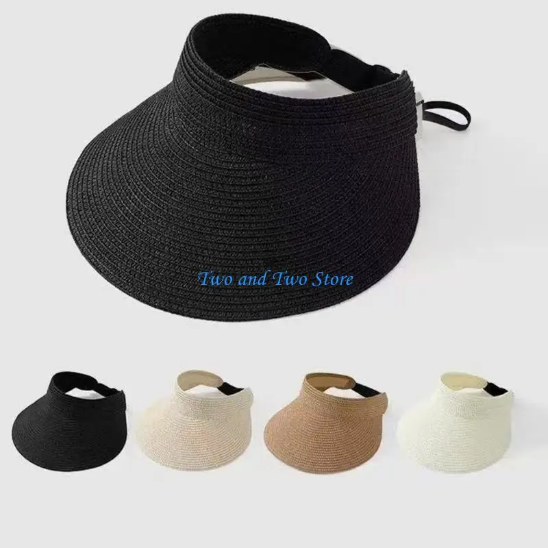 HX6F Travel Sun Hat Woven Straw Cap Open Top Shade Hat for Women Girl Daily Styling