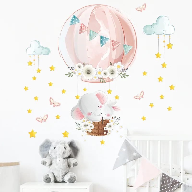 Cartoon Elephant Rabbit Hot Air Balloon Wall Sticker Kids Child Room Decor Bedroom For Home Decoration Wallpaper Beautify Decals