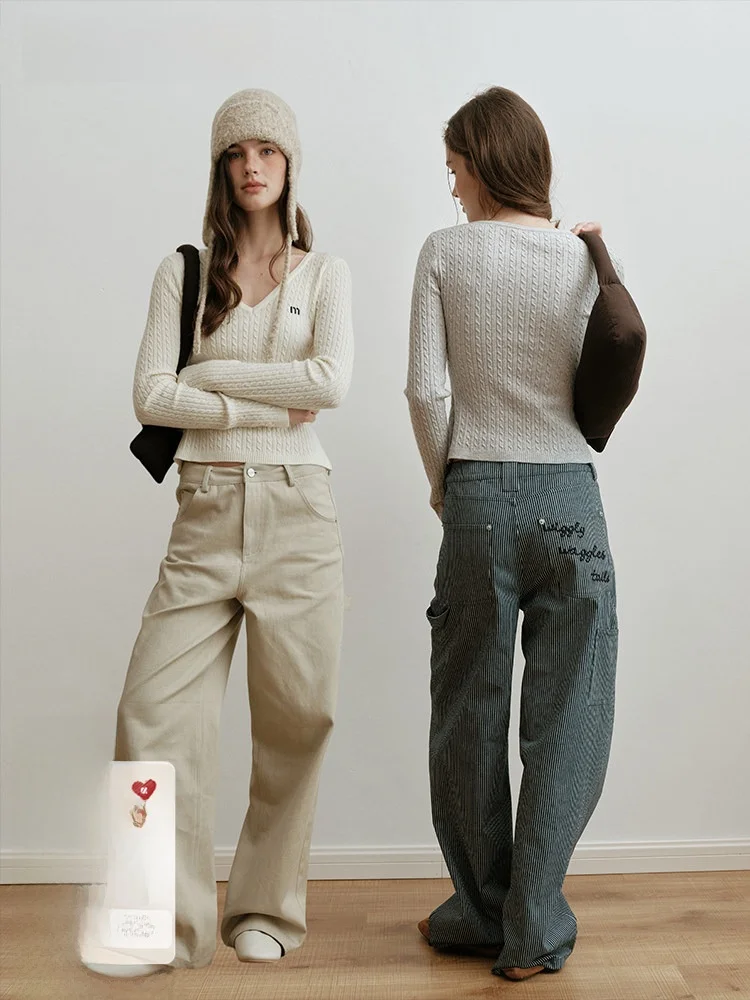 

Moonmoi Casual Cotton Blend Straight Leg Pants Airy Embroidery Drapey Slimming Stripes Women's Comfortable Breathable Long Tr...