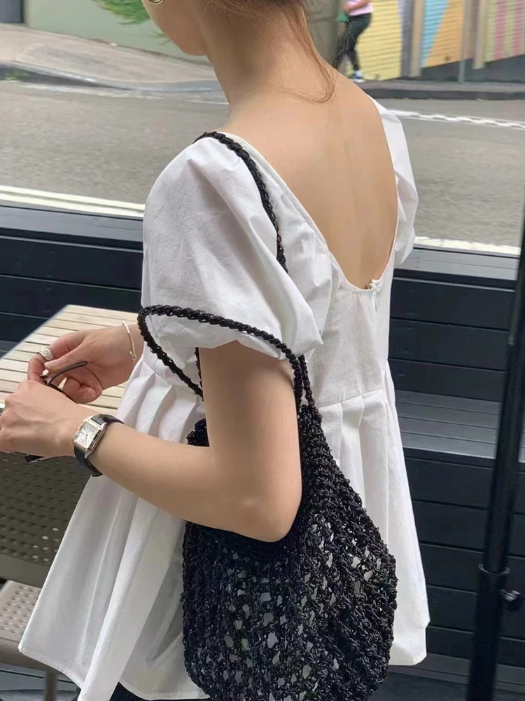 قميص نسائي بأكمام فقاعية، تصميم مطوي، نمط تنحيف على شكل حرف A، موضة كورية، رقبة دائرية، كم قصير، لون نقي، ملابس للتنقل