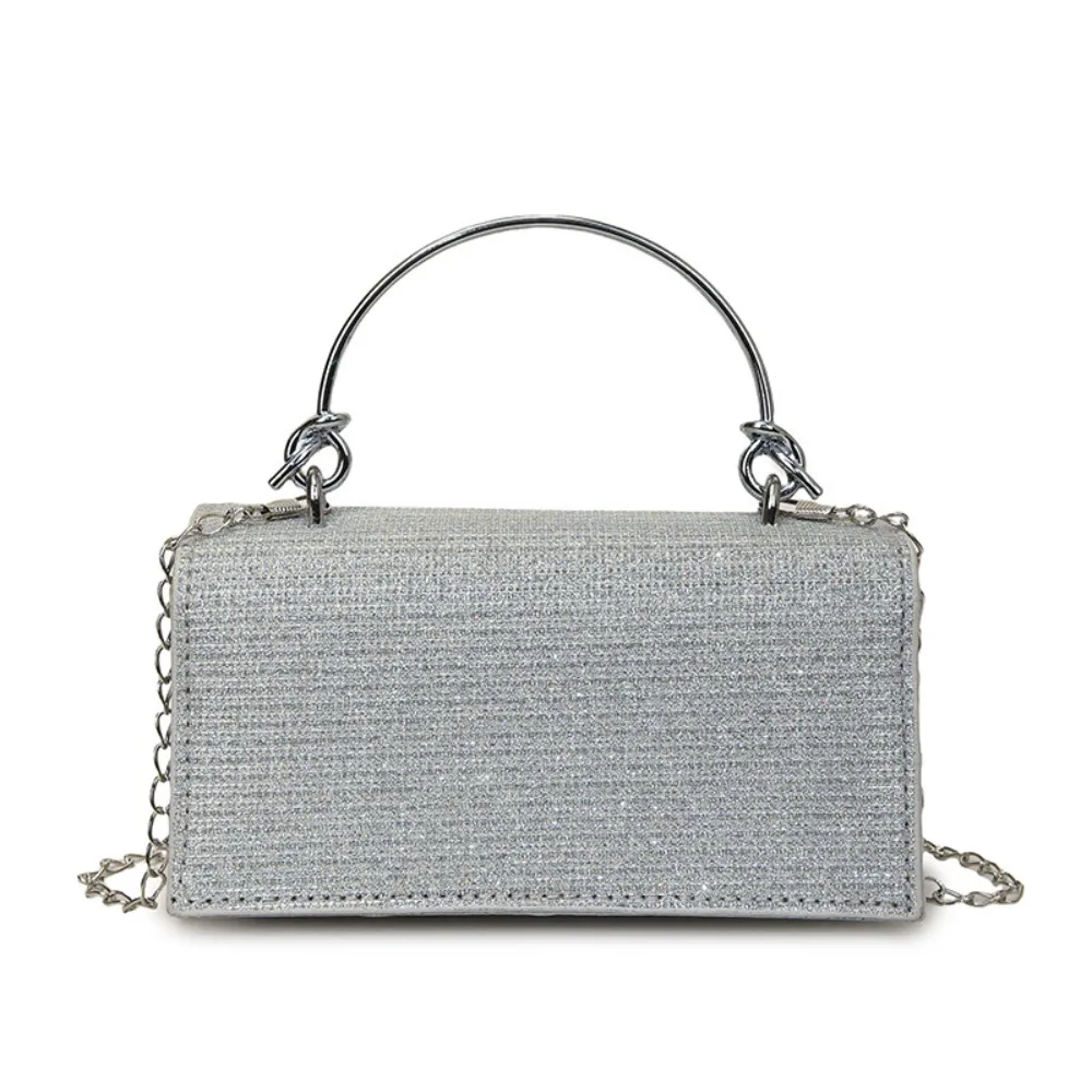 

Elegant Women Clutch Bag Trendy Large Capacity Evening Banquet Bag Metal Top Handle With Chain Shiny Crossbody Bag