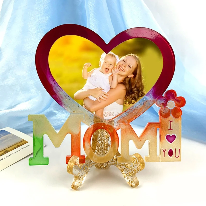 MOM Love Heart Cornice per foto Stampo in resina epossidica UV Cornice per foto Stampo in silicone fai da te