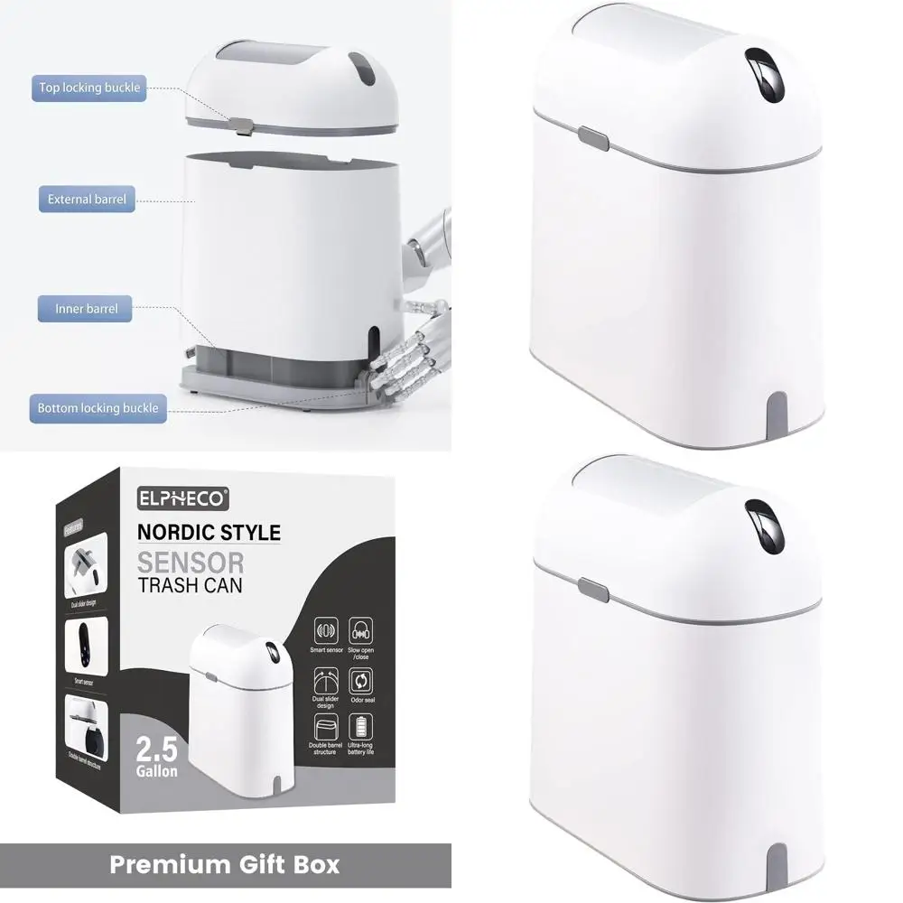 

Мусорное ведро с датчиком движения и крышкой, 2,5 галлона, водонепроницаемое, для ванной комнаты, дома и офиса, белое с серой кнопкой