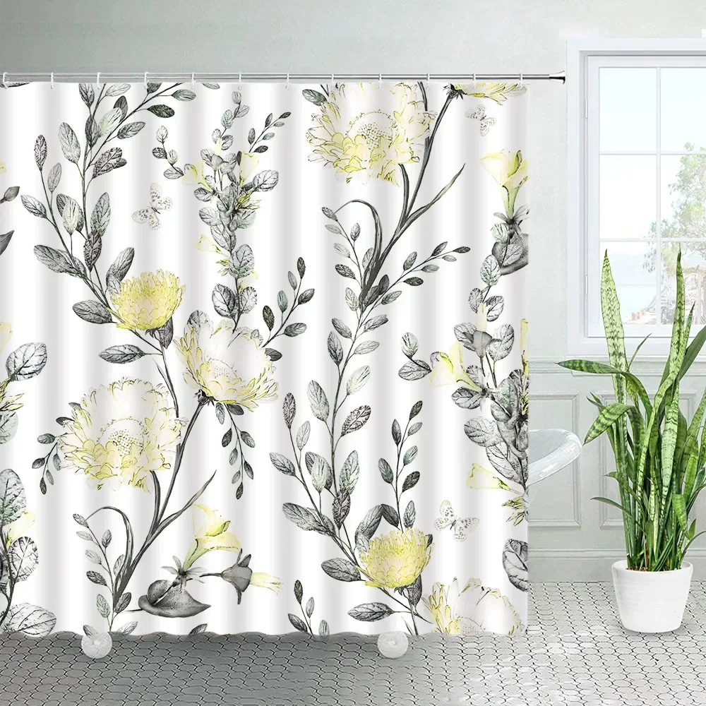 Impermeáveis cortinas de chuveiro florais, aquarela plantas e flores, folhas amarelas e azuis, design criativo, decoração simples do banheiro