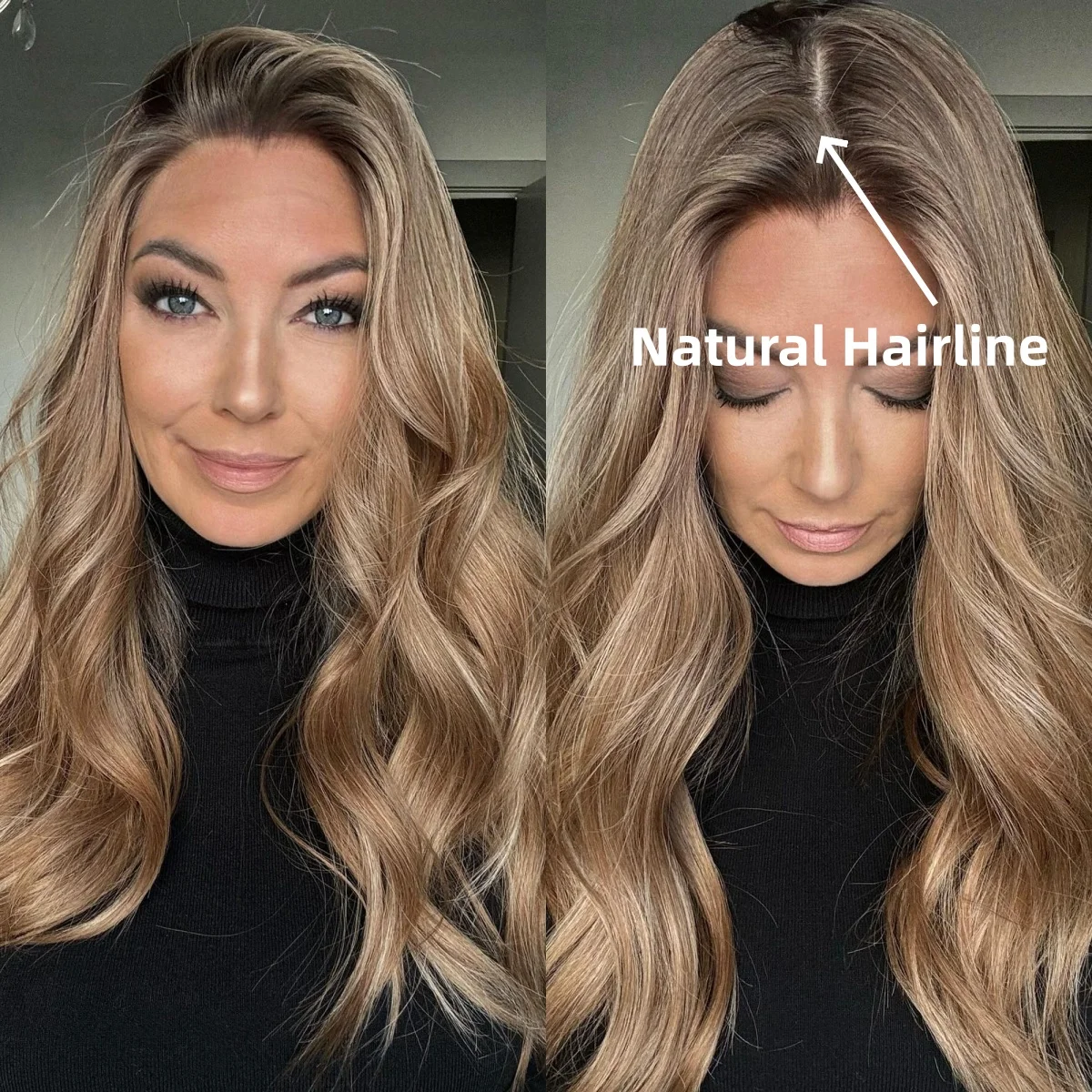 

Парик с эффектом волны, 180% плотности, с темными корнями, длинный светло-коричневый парик с естественной линией роста волос для женщин, с разрезом по центру, без клея