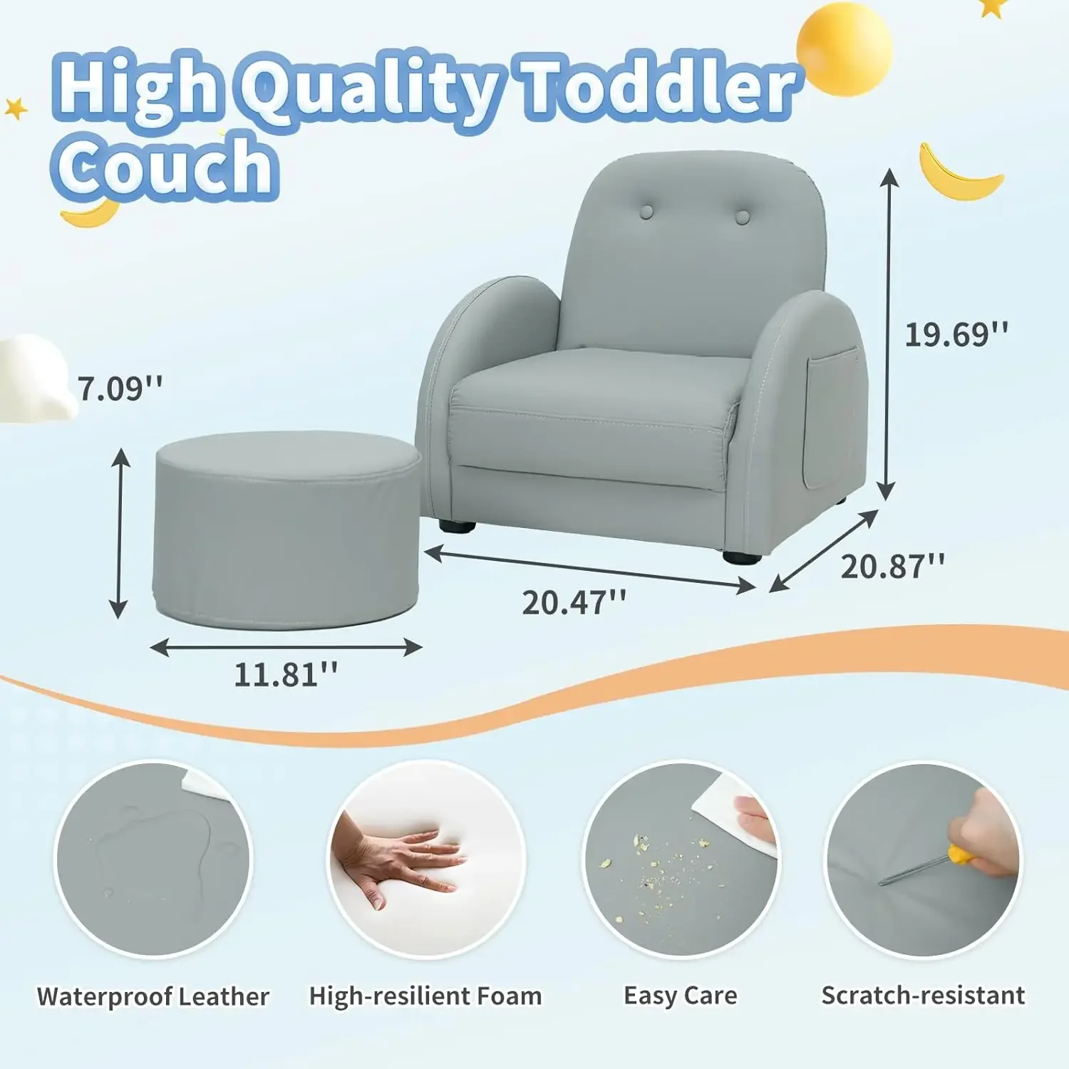 Kids Couch, Toddler Chair with Ottoman, Toddler Couch with 5 Adjustable Backrests, Leatherette Sofa Chair is Waterproof and Stai