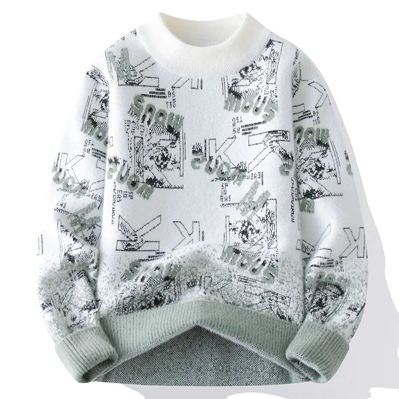 

Men’s Thick Mink Cashmere Sweater, Letter Jacquard Knitwear, O-neck Winter Pullover for Man