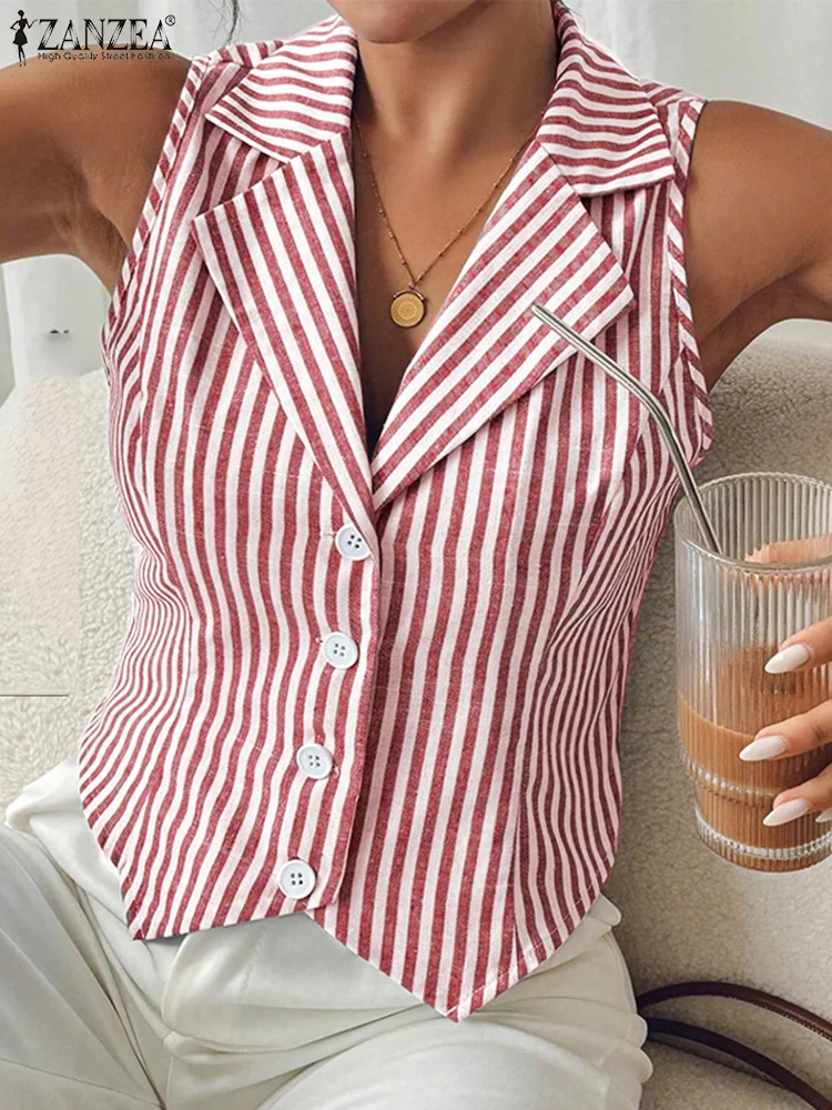 Mulheres elegantes tanques topos 2025 zanzea verão sem mangas listra blusa de férias irregular camis lapela pescoço trabalho ol camisa streetwear