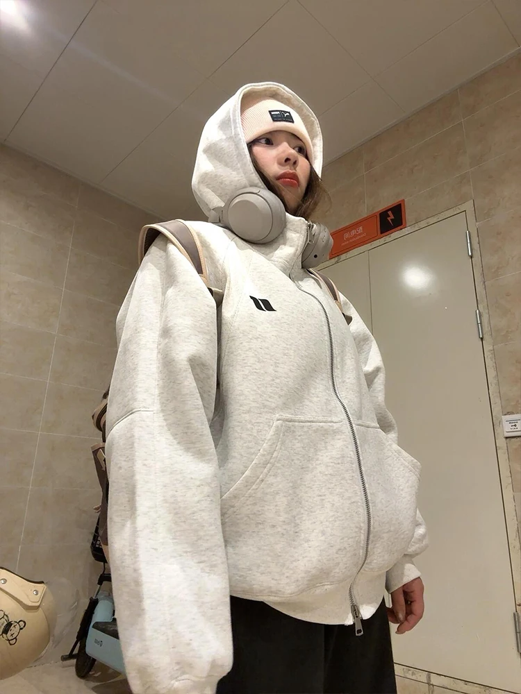 アメリカンレトロハイカラーフード付きジッパースウェットシャツ女性の春秋の新しいカジュアルカップルハイエンドオープンカーディガンジャケット