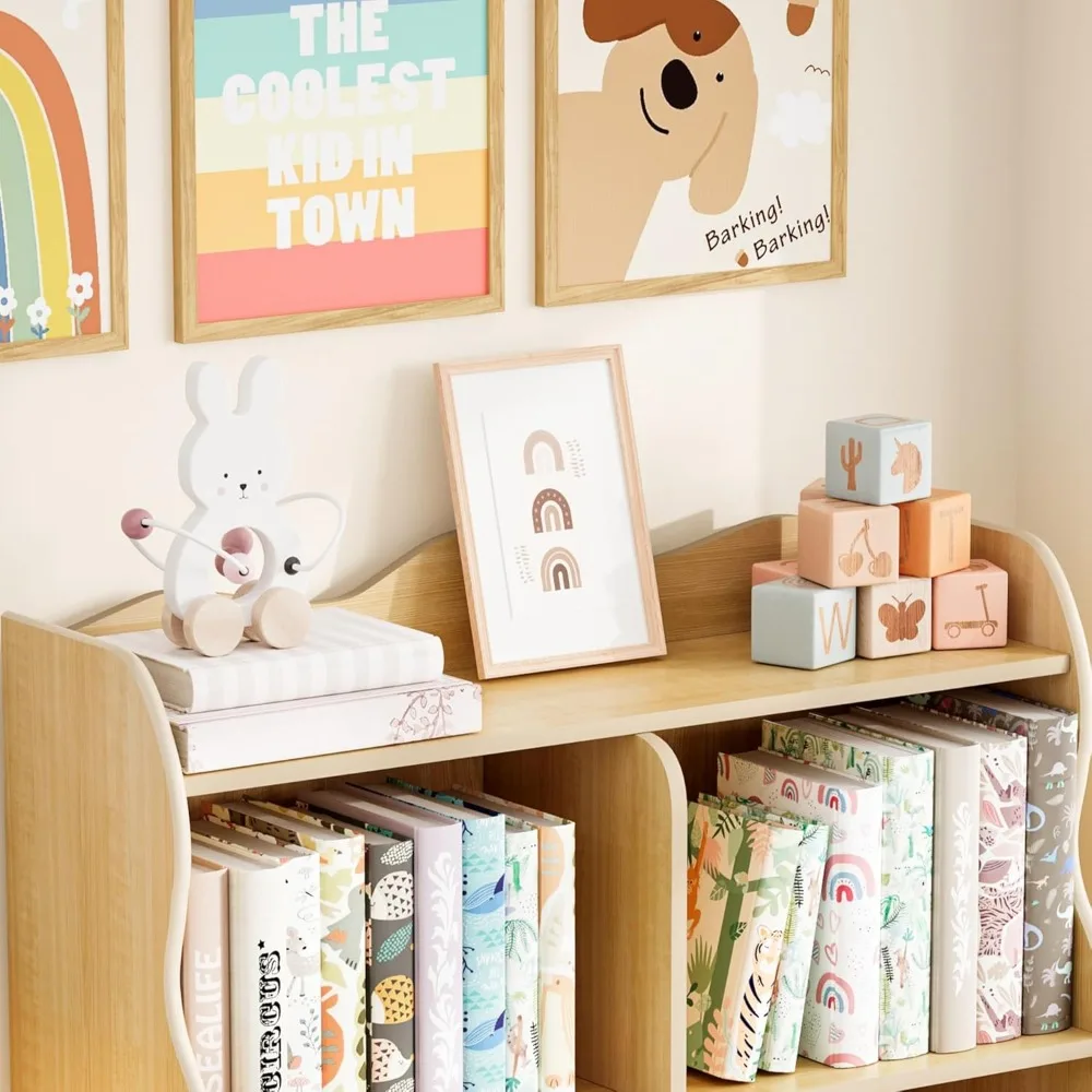 رف كتب للأطفال ومنظم تخزين الألعاب، خزانة كتب خشبية للأطفال مكونة من 3 طبقات بتصميم منحني، 5 خزانة تخزين ألعاب