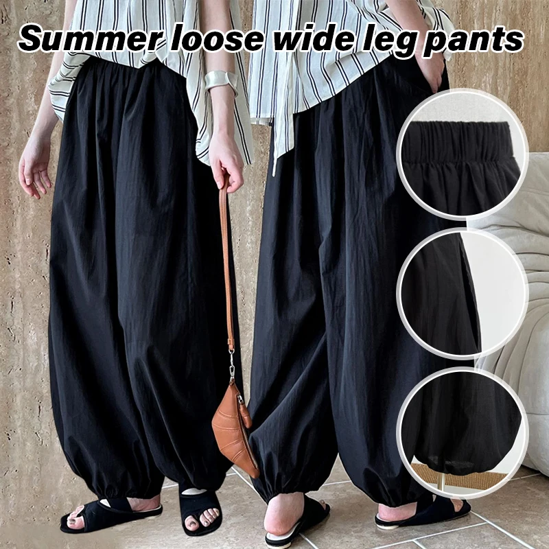 Black White Plus Size Bloomers Summer Casual Fashion Women's Lantern Pants Loose Breathable Cotton Wide Leg Pants Elastic Waist