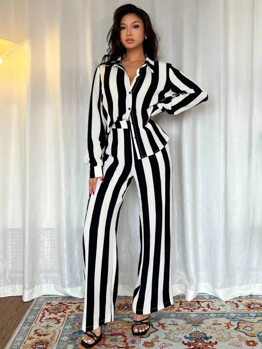 

Elegant Black And White Striped Two Piece Set Long Sleeve Casual Outfit For Women