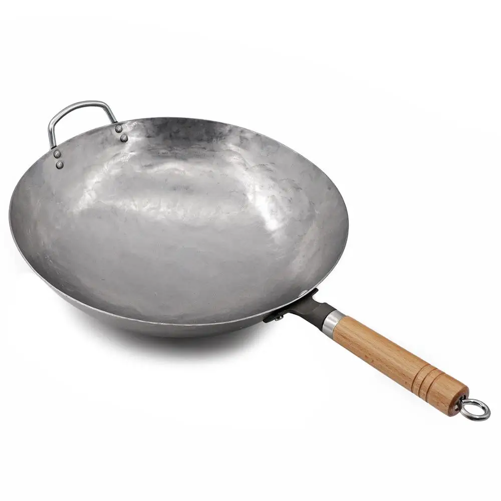 

Traditional Hand Hammered Carbon Steel Pow Wok with Wooden and Steel Helper Handle, Round Bottom