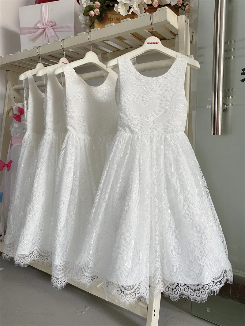 New Girl Princess Dress White Lace Long Dress Wedding Flower Children Open Back Wedding Dress Girl Elegant Evening Dress