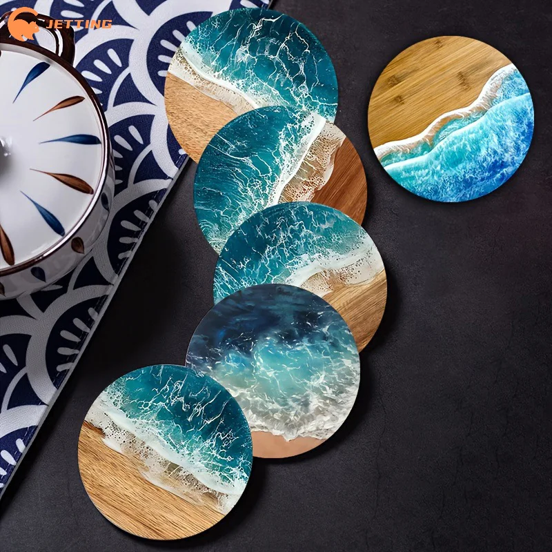 4/6Pcs Blue Ocean Round Wooden - Marble Coaster Set review and price